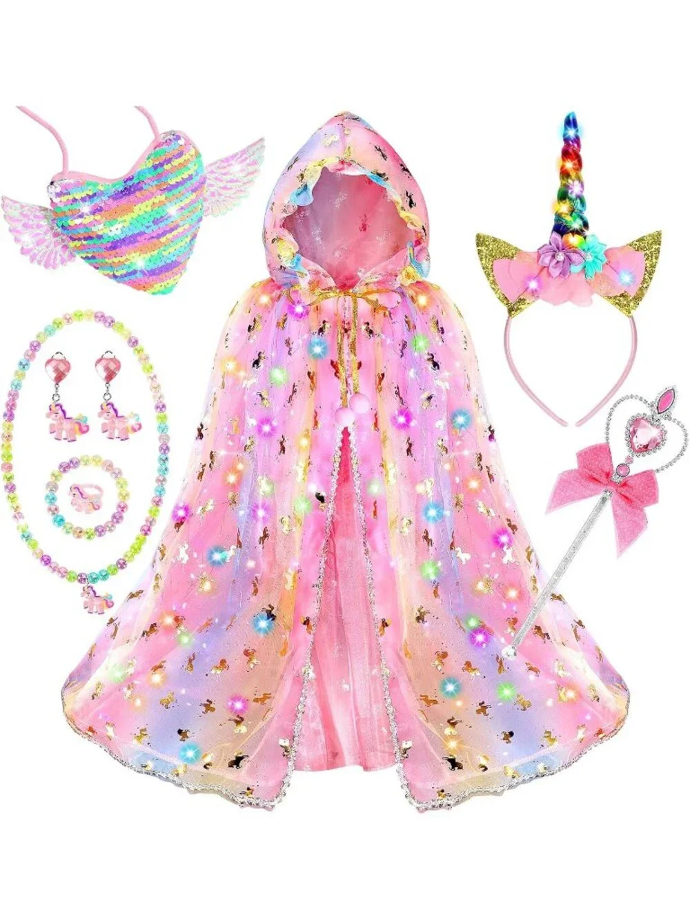 Pink Unicorn Princess Dress Up Set Light Up Cape Costume Girls Ages 3-8
